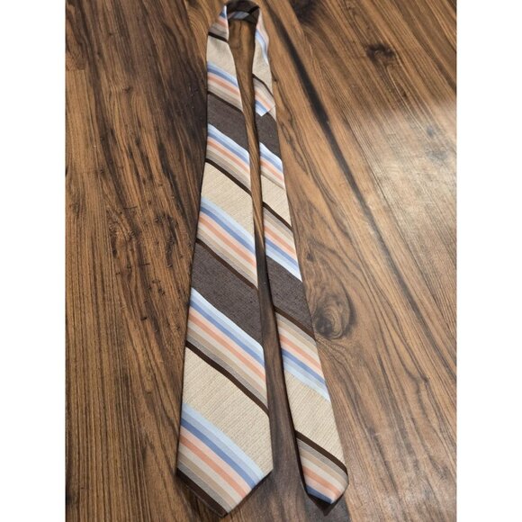 Vtg 70s Jean Claude Vidal Tie Brown Tan Blue Stripe Wide Blade Paris New York - Picture 4 of 8
